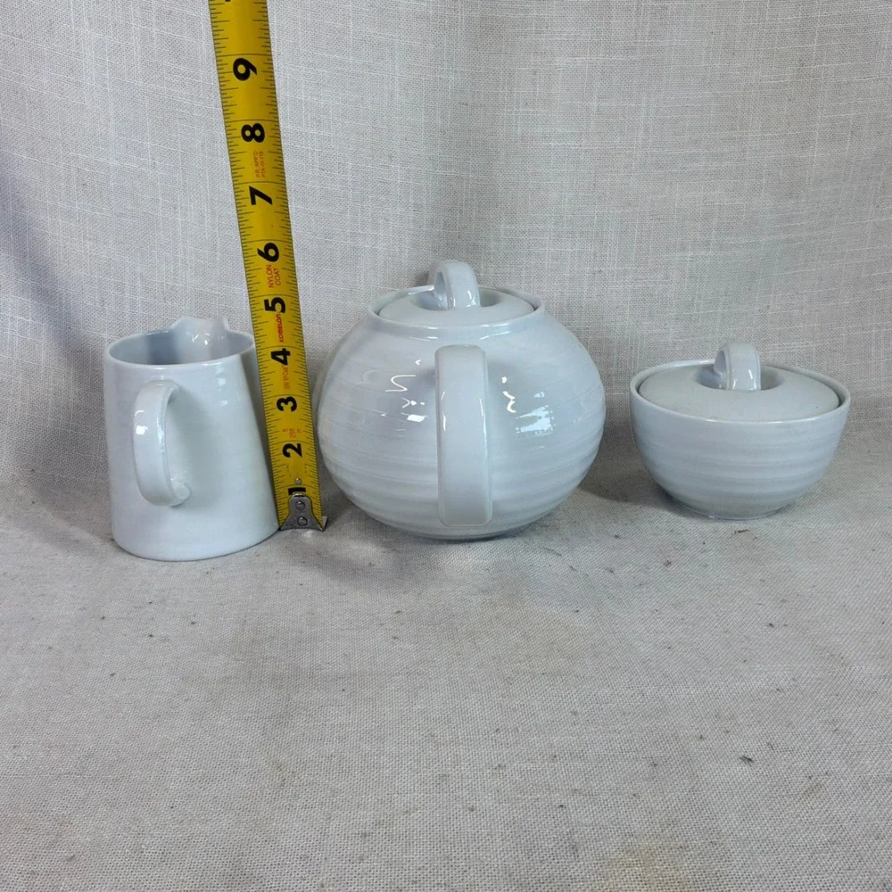 Crate & Barrel Spal White Ribbed Porcelain Tea Set Teapot Creamer Sugar Portugal
